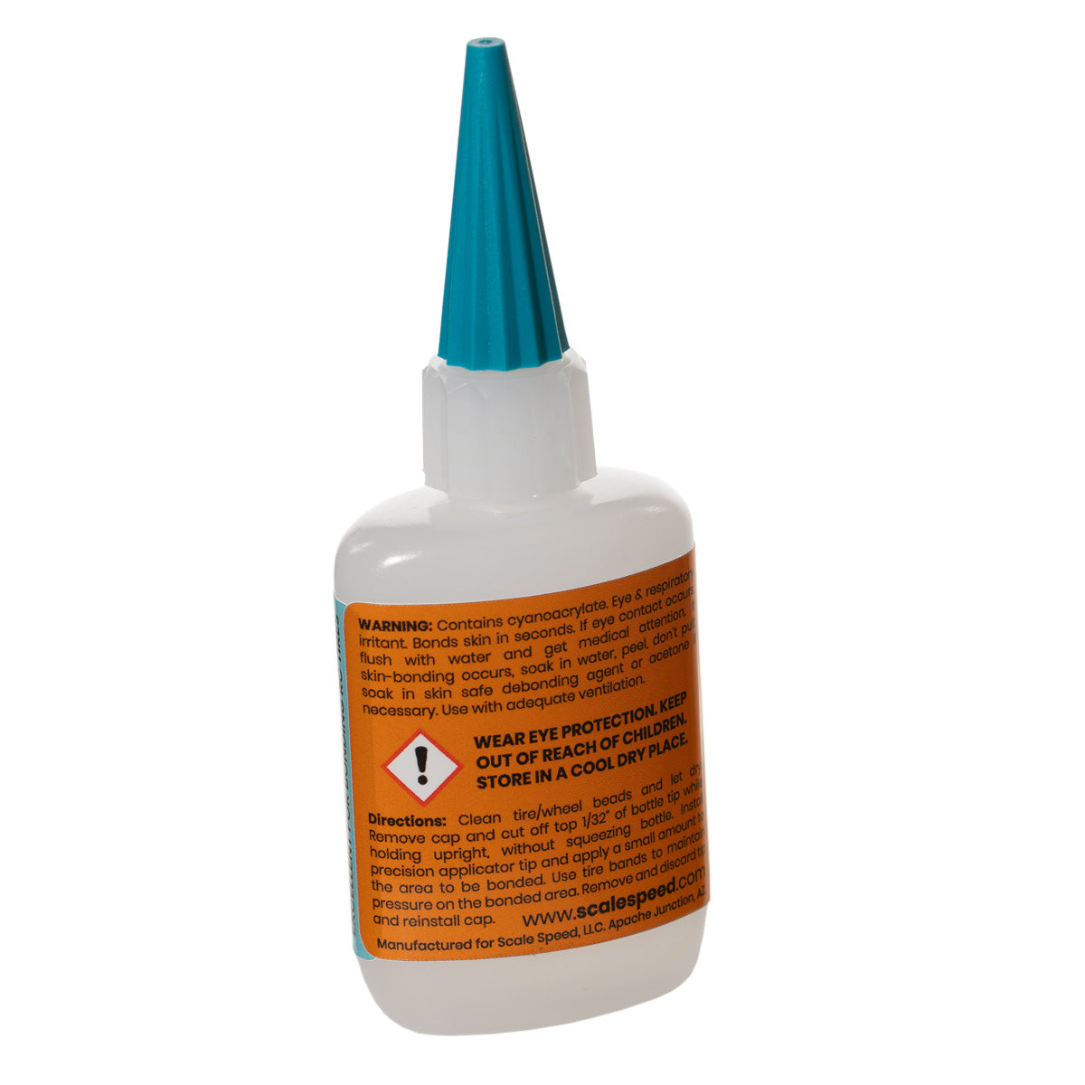 Bottle of cyanoacrylate adhesive with a blue nozzle on a white background