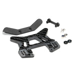 Associated RB10 front carbon fiber shock tower, nylon protector and retainer, screws, aluminum spacers, and locknuts