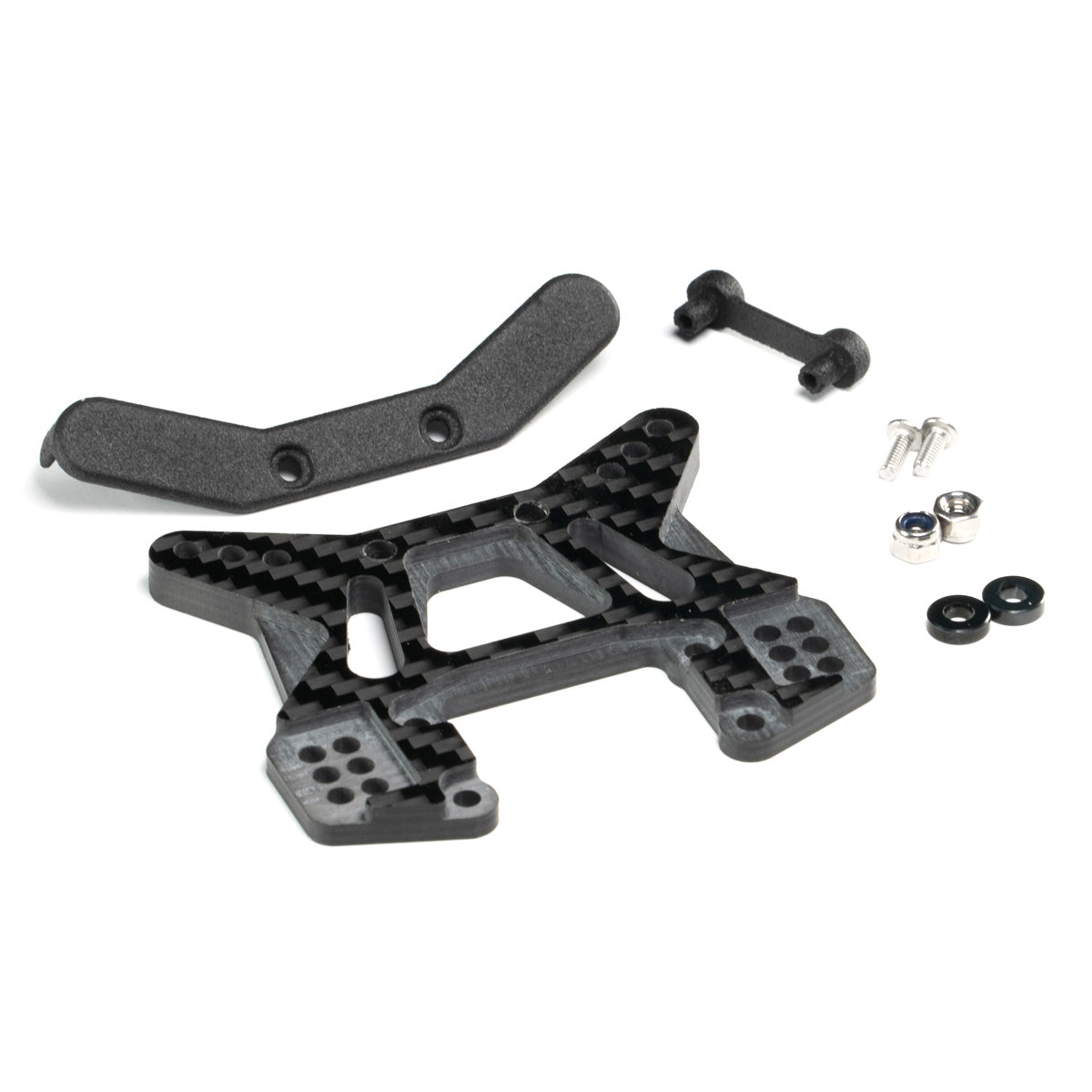 Associated RB10 front carbon fiber shock tower, nylon protector and retainer, screws, aluminum spacers, and locknuts