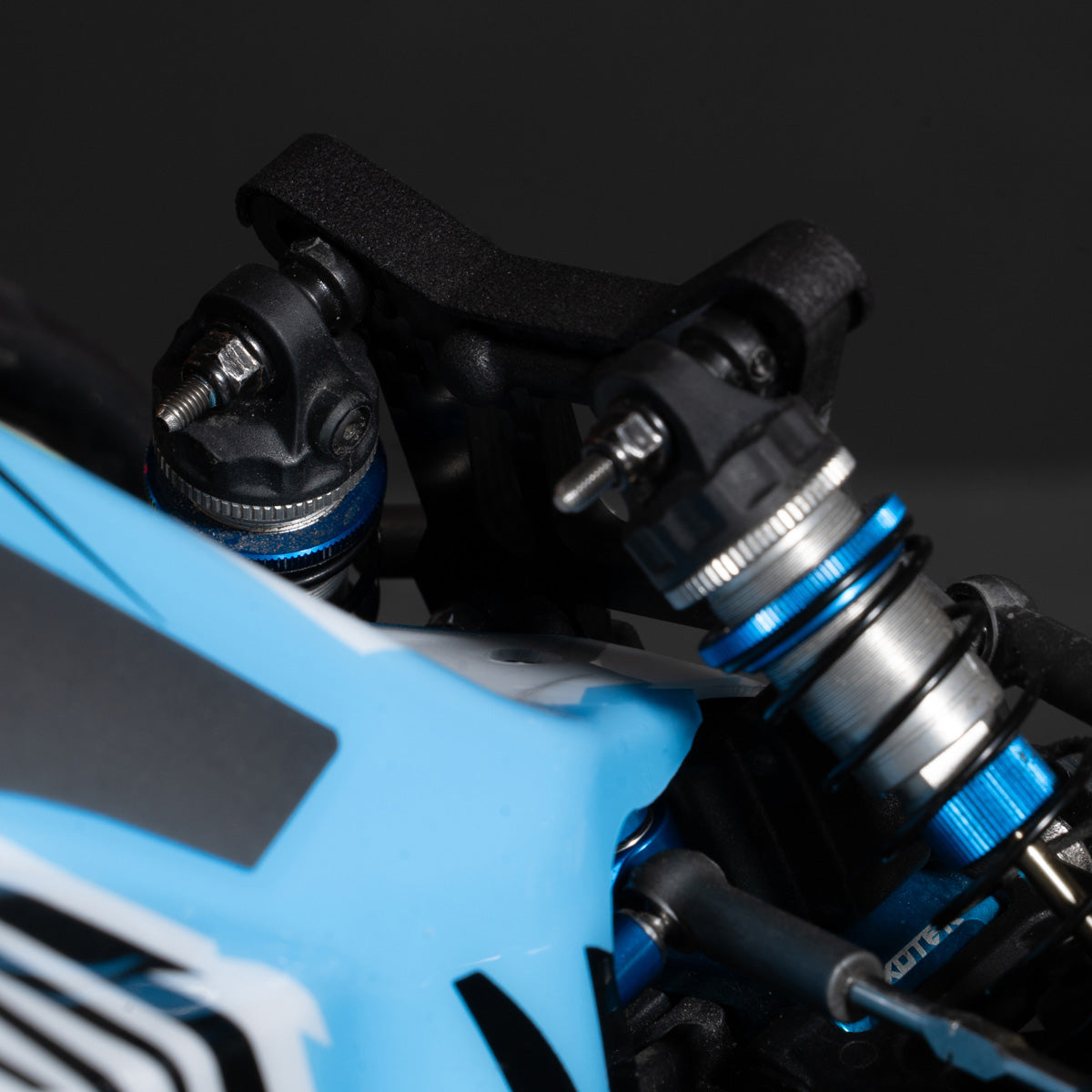 Rear angle of Associated RB10 with carbon fiber front shock tower installed