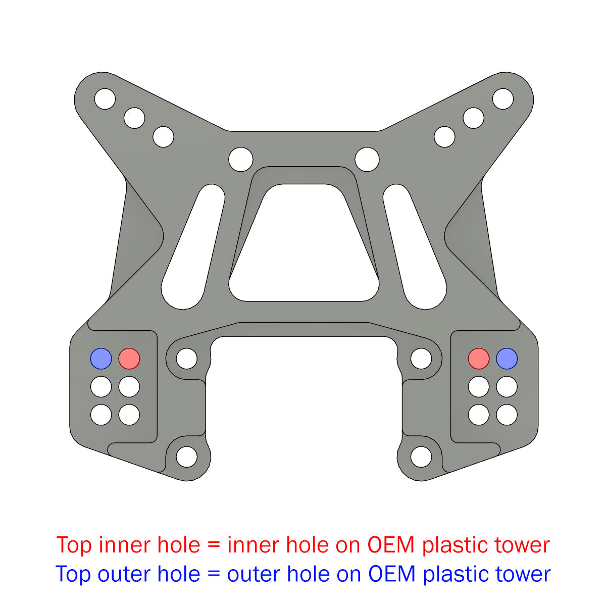 3D render of RB10 carbon fiber front shock tower identifying the top inner and outer holes as matching the OEM shock tower inner and outer holes.