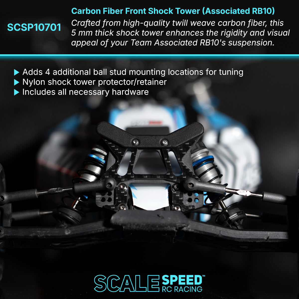 Front of Associated RB10 with carbon fiber shock tower installed