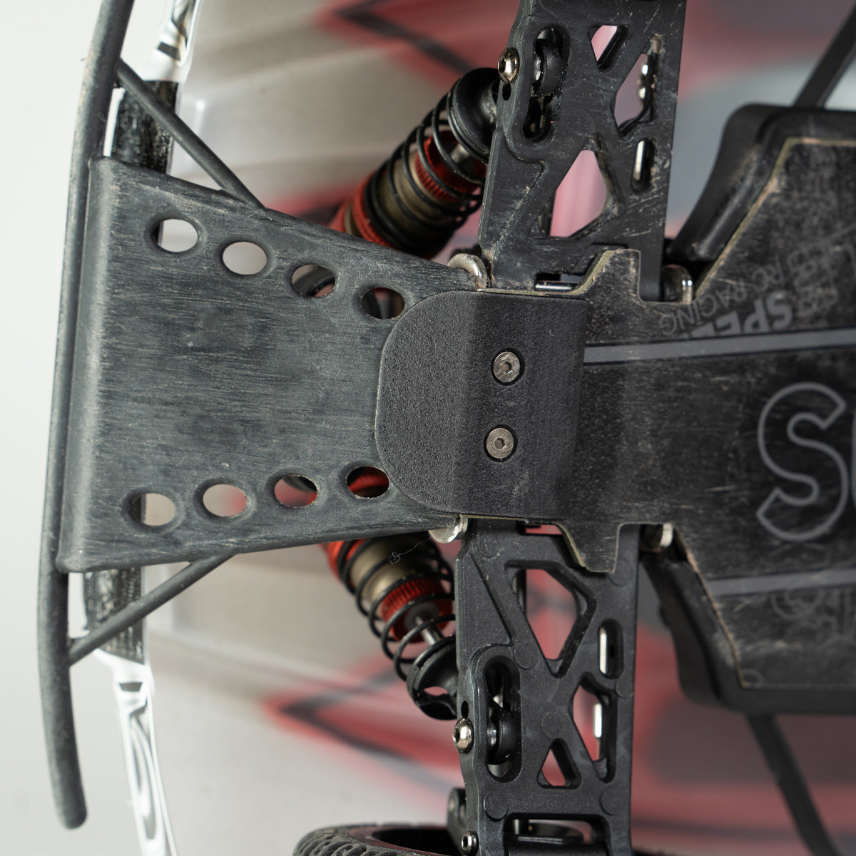 LC Racing EMB-SC bottom view with nylon skidplate installed