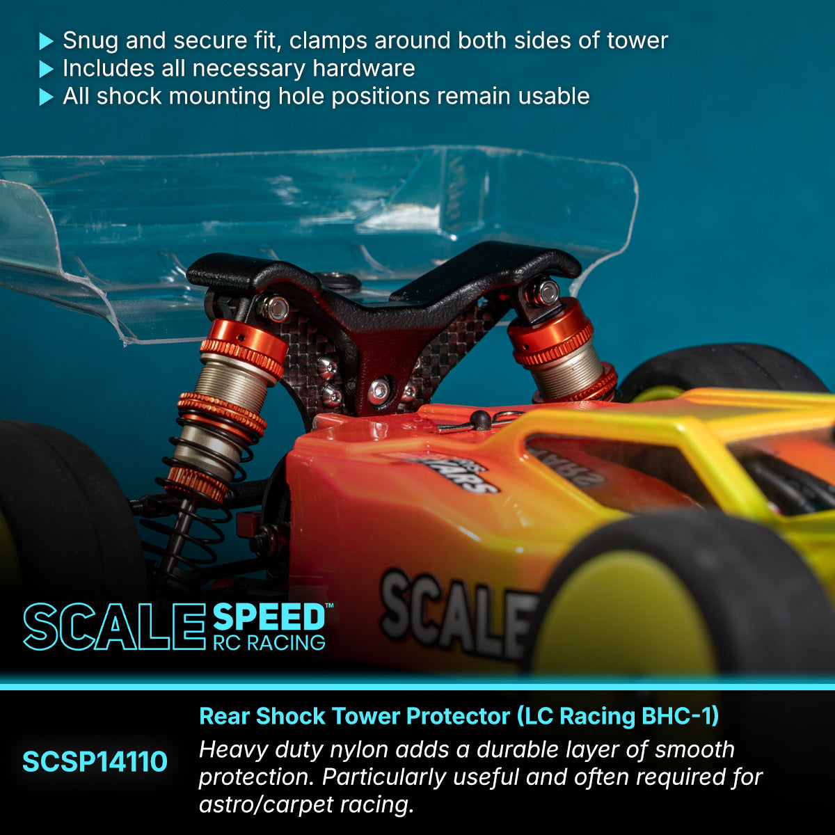Rear 3/4 view of BHC-1 buggy with nylon rear shock tower protector