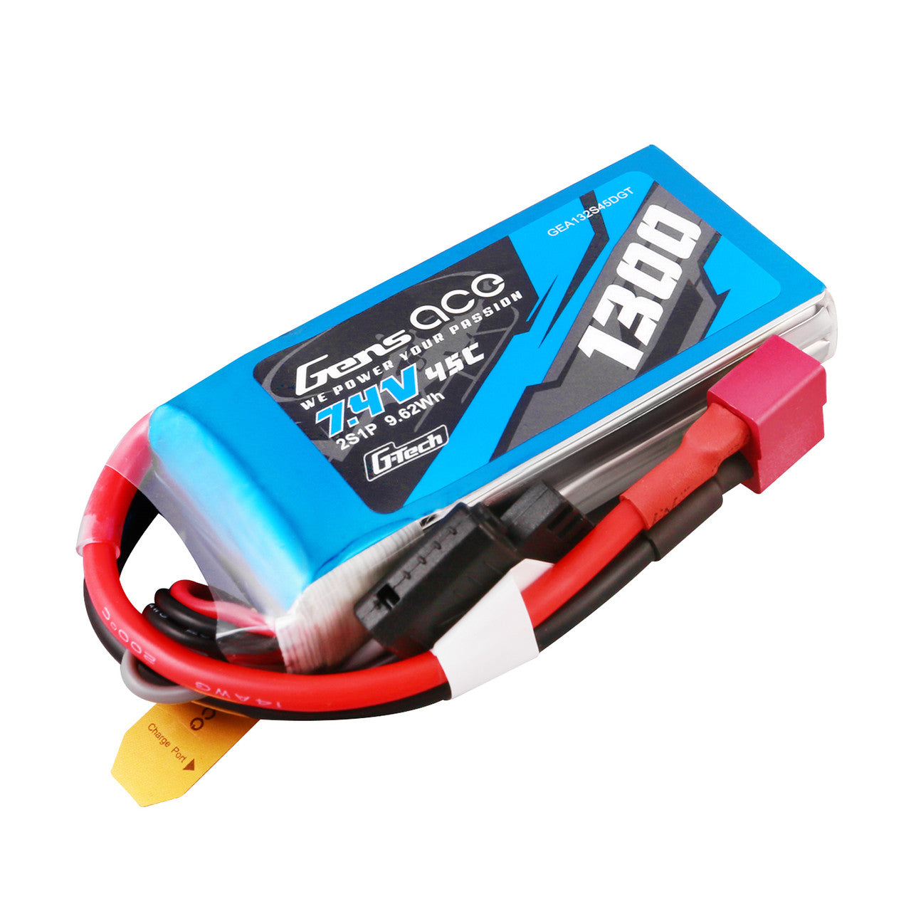Gens Ace 1300 mAh 2S 7.4V 45C G-Tech LiPo Battery Pack with T-Plug