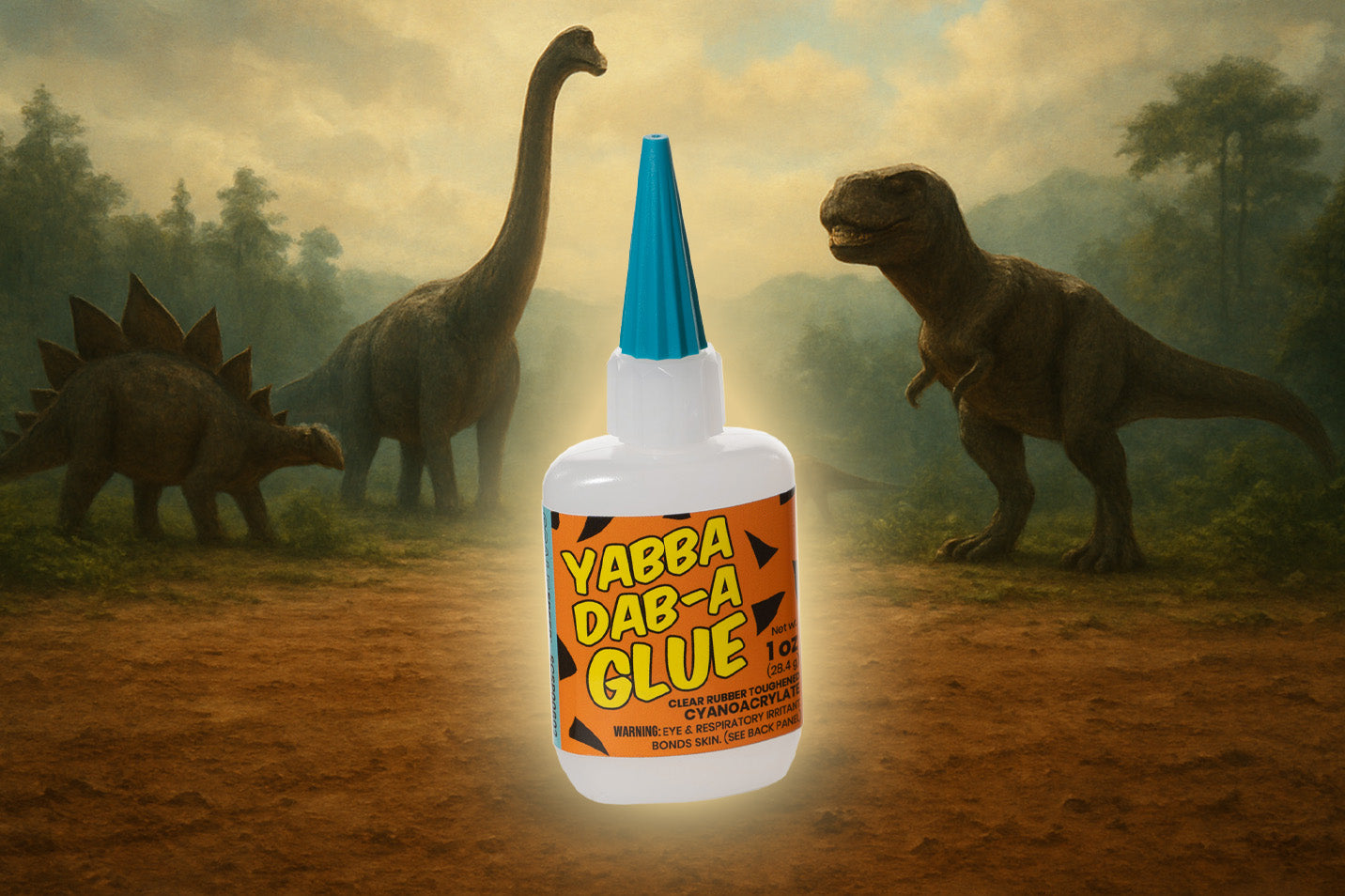Bottle of Yabba Dab-A Glue with dinosaurs in a prehistoric setting