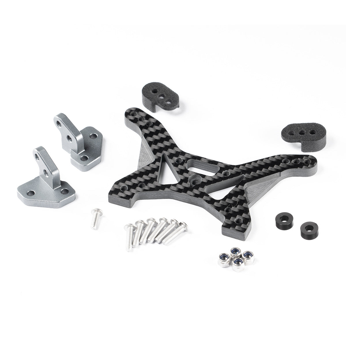 Carbon fiber rear shock tower, left and right protectors, left and right aluminum bases, nylon spacers, screws, and locknuts