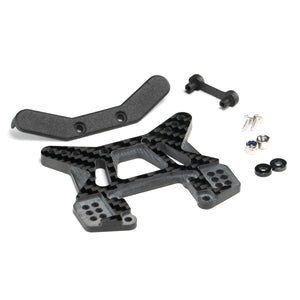 Associated RB10 front carbon fiber shock tower, nylon protector and retainer, screws, aluminum spacers, and locknuts