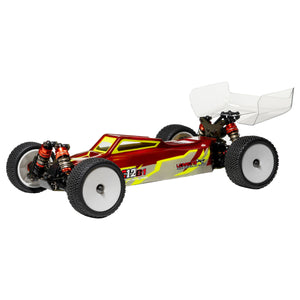 LC Racing LC12B1 1/12 scale RC buggy red and yellow design front 3/4 view
