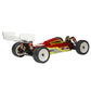 LC Racing LC12B1 1/12 scale RC buggy red and yellow design rear 3/4 view