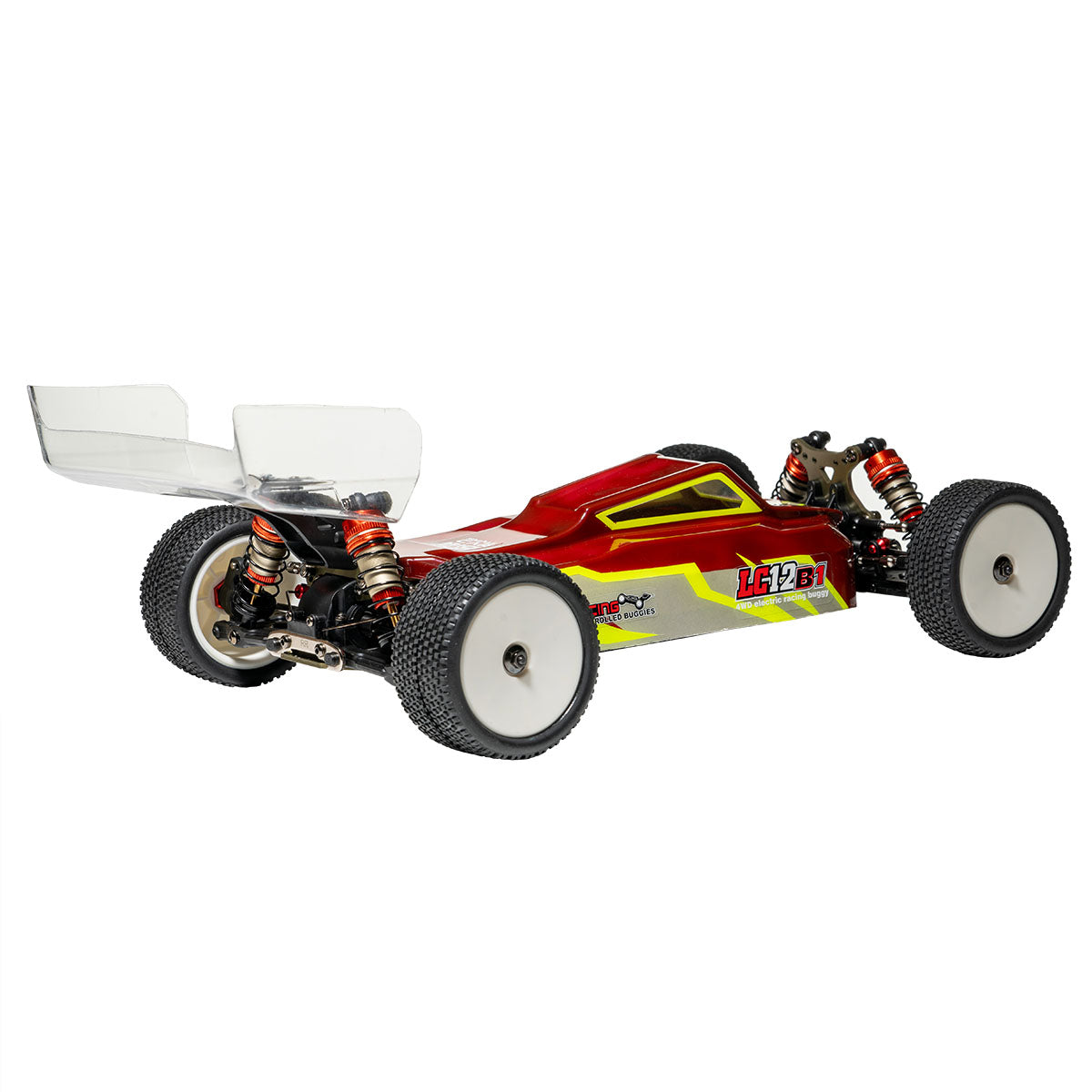 LC Racing LC12B1 1/12 scale RC buggy red and yellow design rear 3/4 view