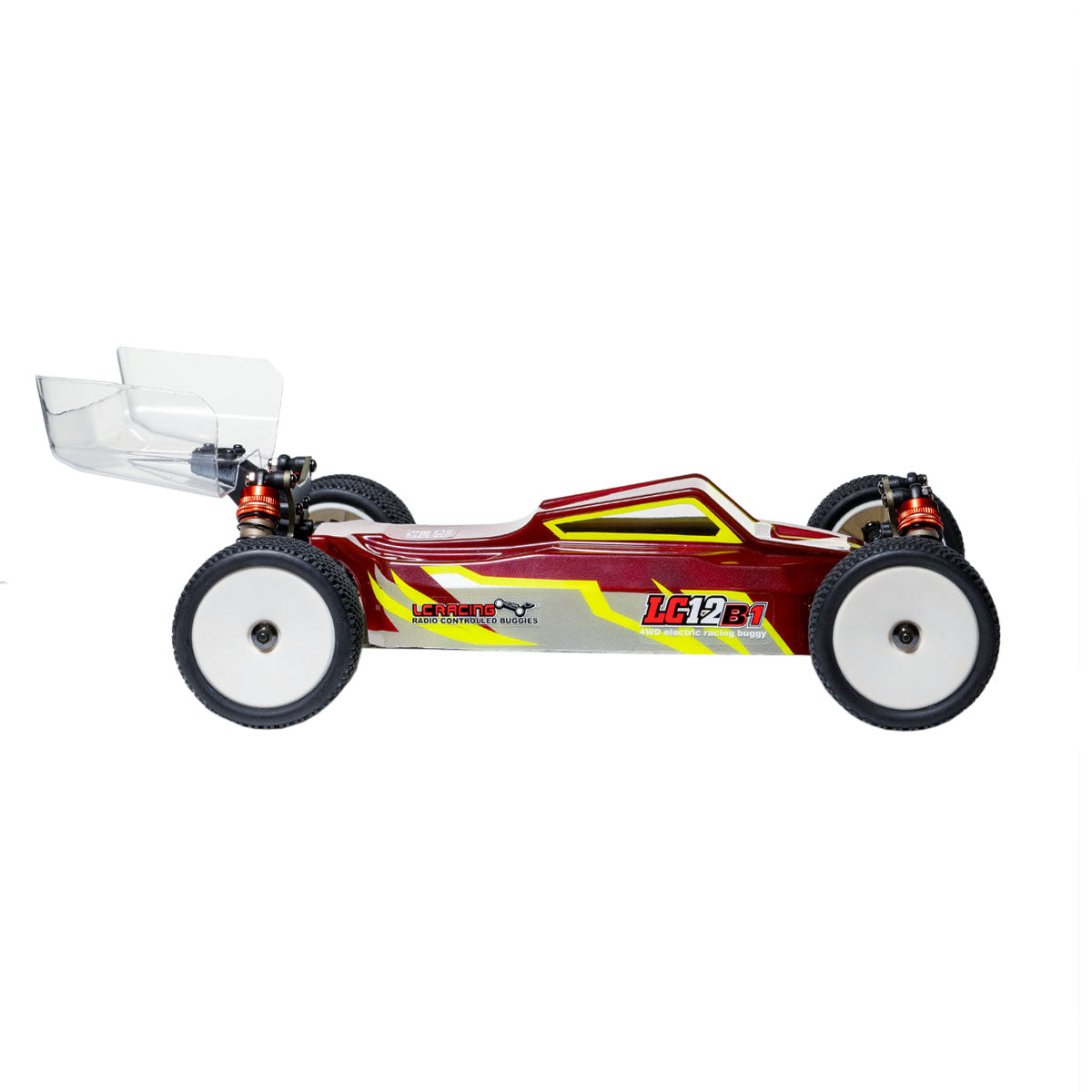 LC Racing LC12B1 1/12 scale RC buggy red and yellow design side view