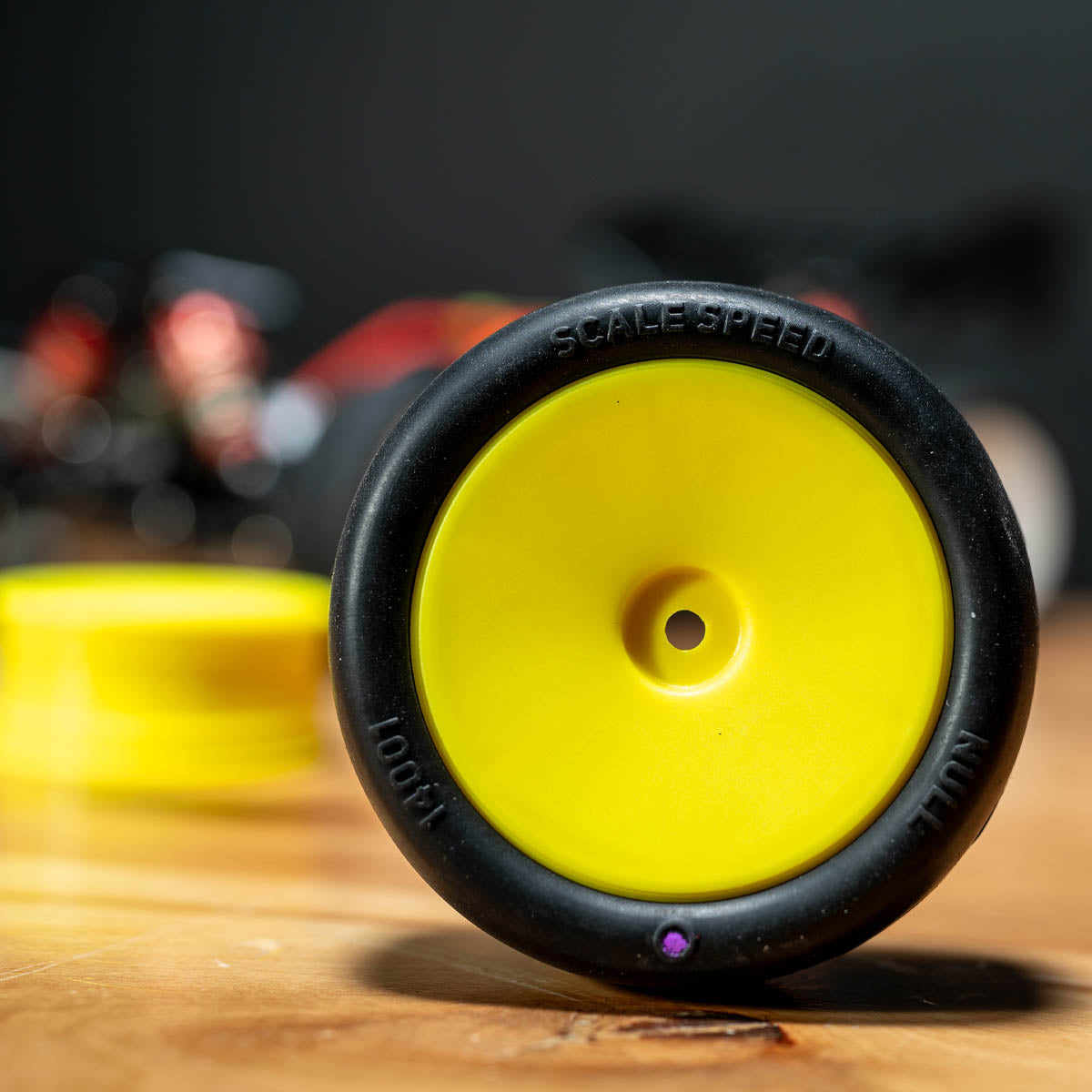 Scale Speed Null 1/12 - 1/14 Buggy Tires/Inserts, 4WD, Front/Rear (2 qty) mounted on yellow wheels