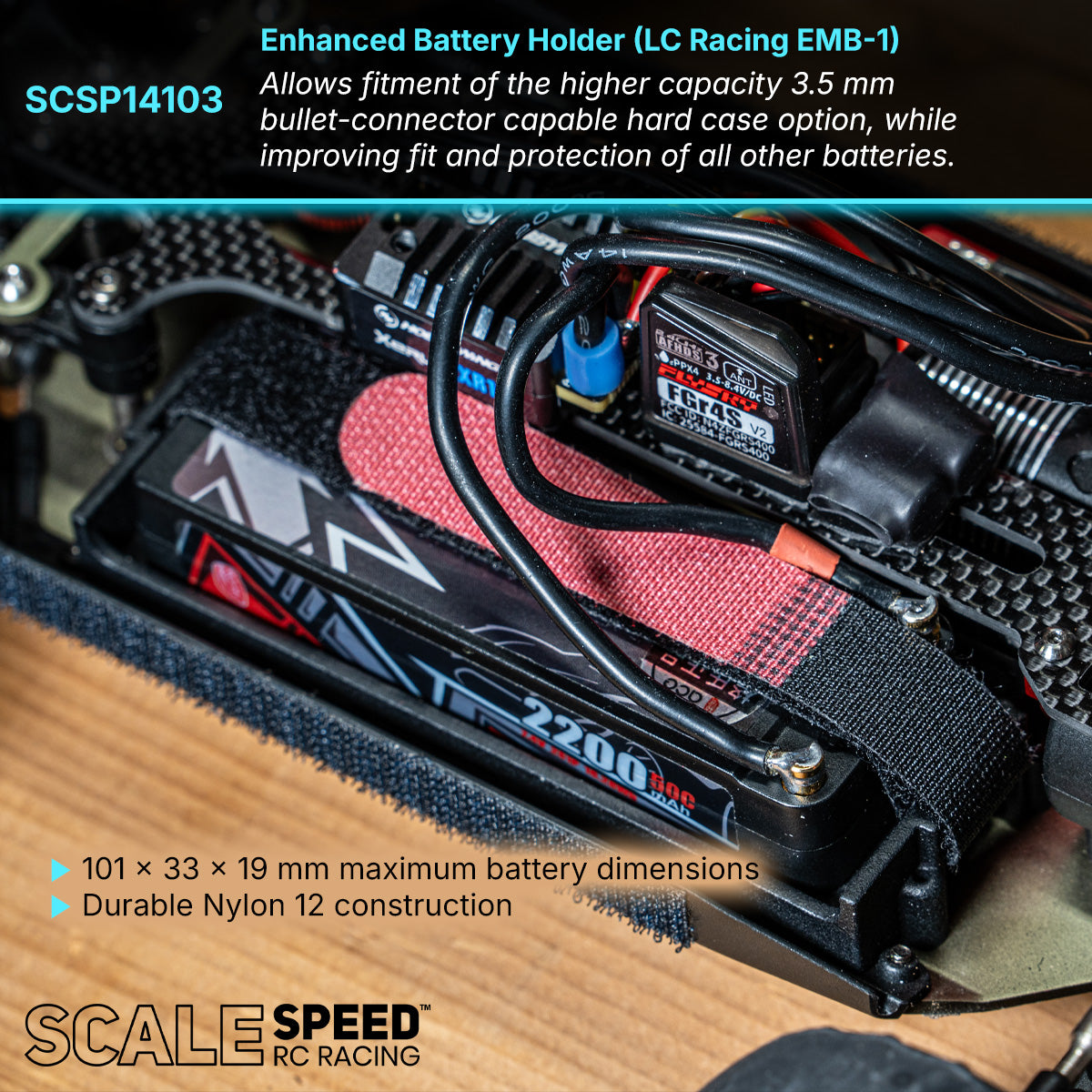 View from above, SCSP14103 battery holder mounted in LC Racing EMB-1 with Gens Ace 2200 mAh